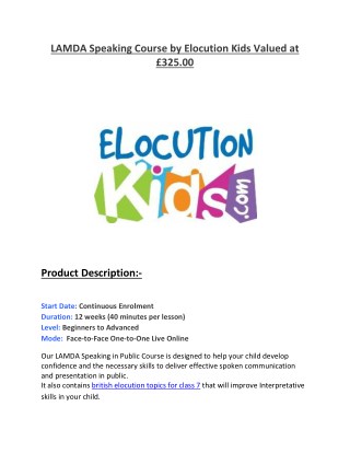 LAMDA Speaking Course by Elocution Kids Valued at Â£325.00