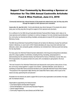 Support Your Community by Becoming a Sponsor or Volunteer for The 59th Annual Castroville Artichoke Food & Wine Festival
