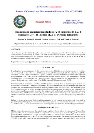 Synthesis and antimicrobial studies of 2-(5-substituted)-1, 3, 4- oxadiazole-2-yl)-H-imidazo [1, 2, Î±] pyridine derivat