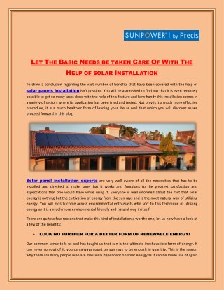 Let The Basic Needs Be Taken Care Of With The Help Of Solar Installation - SunPower by Precis