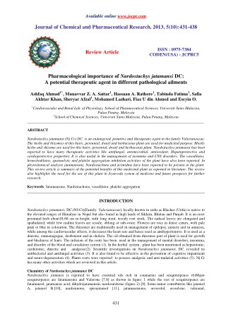 Pharmacological importance of Nardostachys jatamansi DC: A potential therapeutic agent in different pathological ailment