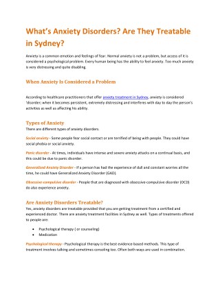 Whatâ€™s Anxiety Disorders? Are They Treatable in Sydney?