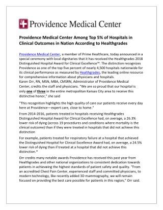 Providence Medical Center Among Top 5% of Hospitals in Clinical Outcomes in Nation According to Healthgrades