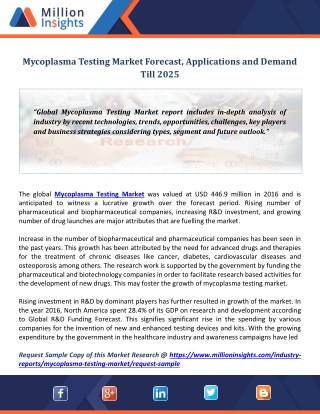 Mycoplasma Testing Market Forecast, Applications and Demand Till 2025