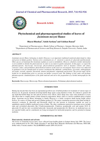 Phytochemical and pharmacognostical studies of leaves of Jasminum mesyni Hance