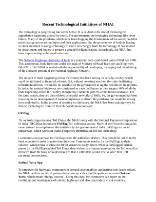 Recent Technological Initiatives of NHAI