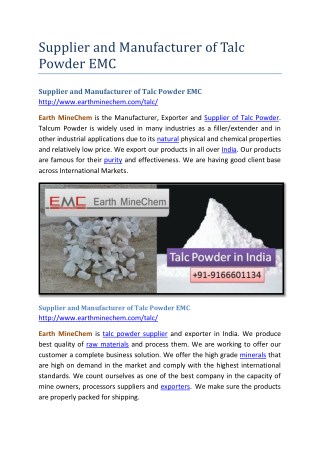 Supplier and Manufacturer of Talc Powder EMC