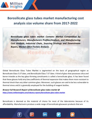 Borosilicate glass tubes market manufacturing cost analysis size volume share from 2017-2022