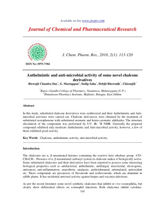 Anthelmintic and anti-microbial activity of some novel chalcone derivatives