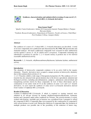 Syntheses, characterization and antimicrobial screening of some novel 3, 5- diaryl-4H-1, 2, 4-triazole derivatives