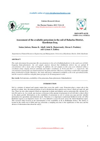 Assessment of the available potassium in the soil of Baharka District, Kurdistan-Iraq