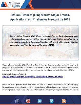 Lithium Titanate (LTO) Market Major Trends, Applications and Challenges Forecast by 2021