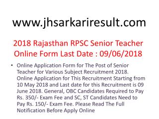 2018 Rajasthan RPSC Senior Teacher Online Form Last Date : 09/06/2018
