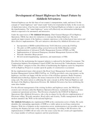 Development of Smart Highways for Smart Future by Akhilesh Srivastava