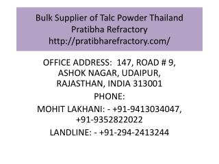 Bulk Supplier of Talc Powder Thailand Pratibha Refractory