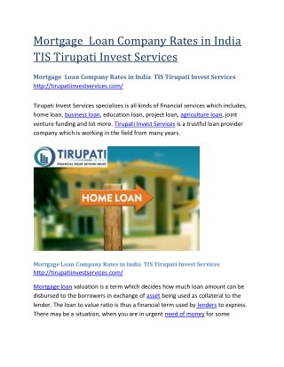 Mortgage Loan Company Rates in India TIS Tirupati Invest Services