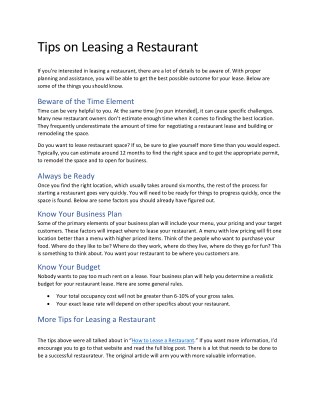 Tips to Lease A Restaurant