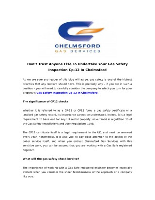 Donâ€™t Trust Anyone Else To Undertake Your Gas Safety Inspection Cp-12 In Chelmsford