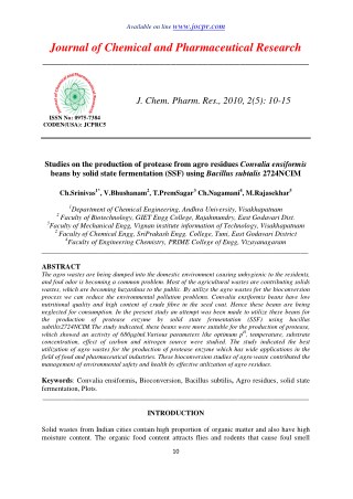 Studies on the production of protease from agro residues Convalia ensiformis beans by solid state fermentation (SSF) usi