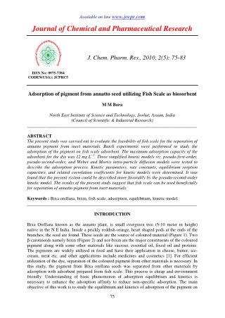 Adsorption of pigment from annatto seed utilizing Fish Scale as biosorbent