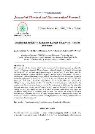 Insecticidal Activity of Ethanolic Extract of Leaves of Annona squamosa