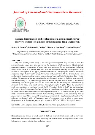 Design, formulation and evaluation of a colon specific drug delivery system for a model anthelminthic drug-Ivermectin