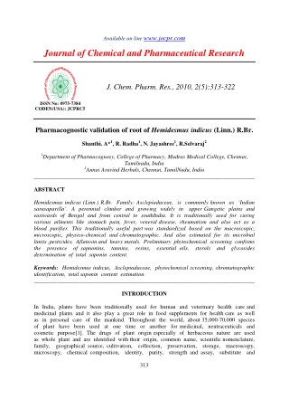 Pharmacognostic validation of root of Hemidesmus indicus (Linn.) R.Br.