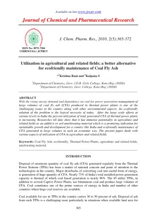 Utilization in agricultural and related fields; a better alternative for ecofriendly maintenance of Coal Fly Ash