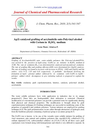 Ag(I) catalysed grafting of acrylonitrile onto Polyvinyl alcohol with Cerium in H2SO4 medium