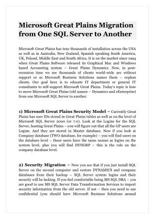 Microsoft Great Plains Migration from One SQL Server to Another