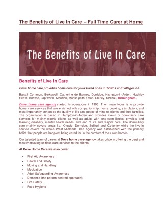 The Benefits of Live In Care â€“ Live in Care Birmingham, Shirley, Knowle