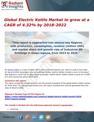 Global Electric Kettle Market to grow at a CAGR of 4.32% by 2018-2022