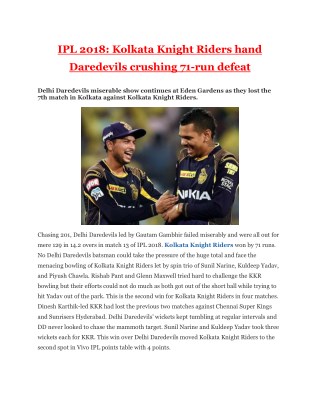 IPL 2018: Kolkata Knight Riders hand Daredevils crushing 71-run defeat