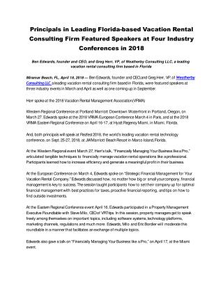 Principals in Leading Florida-based Vacation Rental Consulting Firm Featured Speakers at Four Industry Conferences in 20