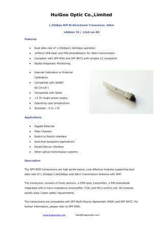 1.25G BIDI SFP TRANSCEIVER OPTICAL MODULES