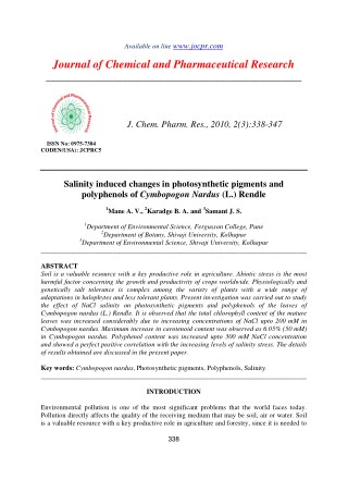 Salinity induced changes in photosynthetic pigments and polyphenols of Cymbopogon Nardus (L.) Rendle