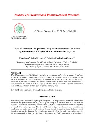 Physico-chemical and pharmacological characteristics of mixed ligand complex of Zn(II) with Ranitidine and Glycine