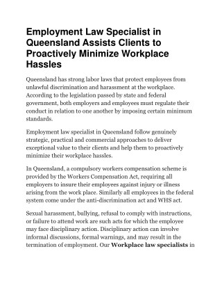Employment Law Specialist in Queensland Assists Clients to Proactively Minimize Workplace Hassles