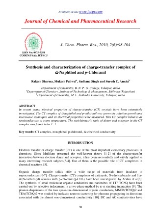 Synthesis and characterization of charge-transfer complex of Î±-Naphthol and p-Chloranil