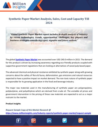 Synthetic Paper Market Analysis, Sales, Cost and Capacity Till 2024