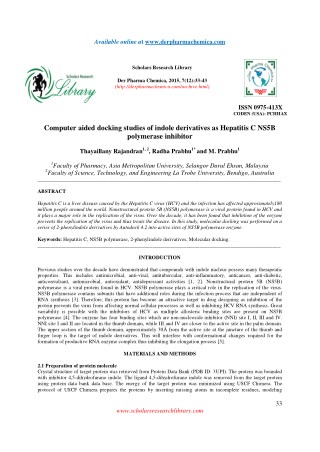 Computer aided docking studies of indole derivatives as Hepatitis C NS5B polymerase inhibitor