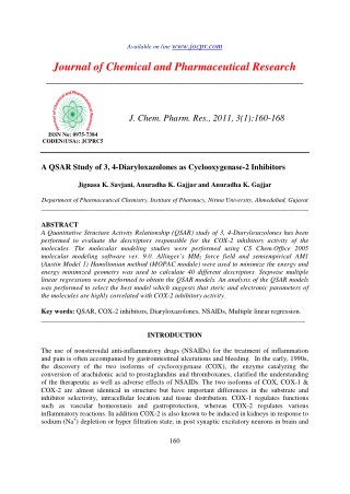 A QSAR Study of 3, 4-Diaryloxazolones as Cyclooxygenase-2 Inhibitors