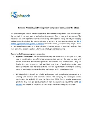 Reliable Mobile App Development Companies Across the Globe