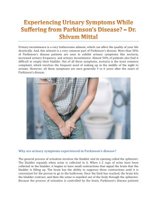 Experiencing Urinary Symptoms While Suffering from Parkinsonâ€™s Disease? - Dr. Shivam Mittal