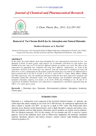 Removal of Tar-Chrome Red-B dye by Adsorption onto Natural Diatomite