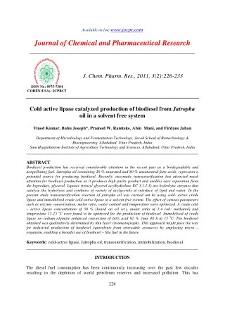 Cold active lipase catalyzed production of biodiesel from Jatropha oil in a solvent free system