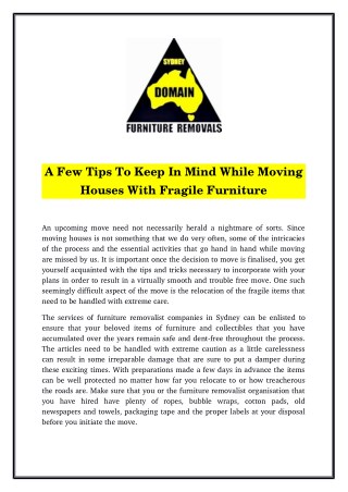 A Few Tips To Keep In Mind While Moving Houses With Fragile Furniture