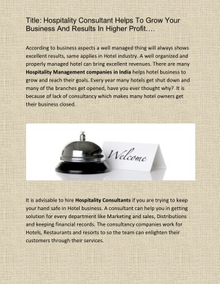 Hospitality Consultant Helps To Grow Your Business And Results In Higher Profit