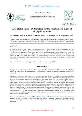 A validated chiral HPLC method for the enantiomeric purity of alogliptin benzoate