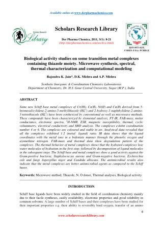 Biological activity studies on some transition metal complexes containing thiazole moiety. Microwave synthesis, spectral